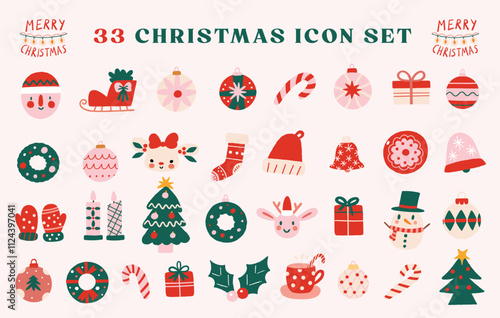 Set of whimsical christmas theme doodle icons, unique patterns, minimal lines, fun, playful, childish style on white background.