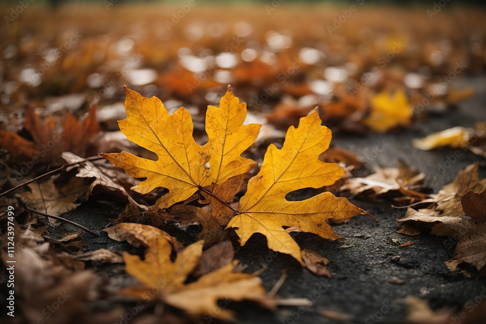 Generous Close up of fallen autumn tree leaves with drops of water from fog or rain Generous Close up of fallen autumn tree leaves with drops of water from fog or rain