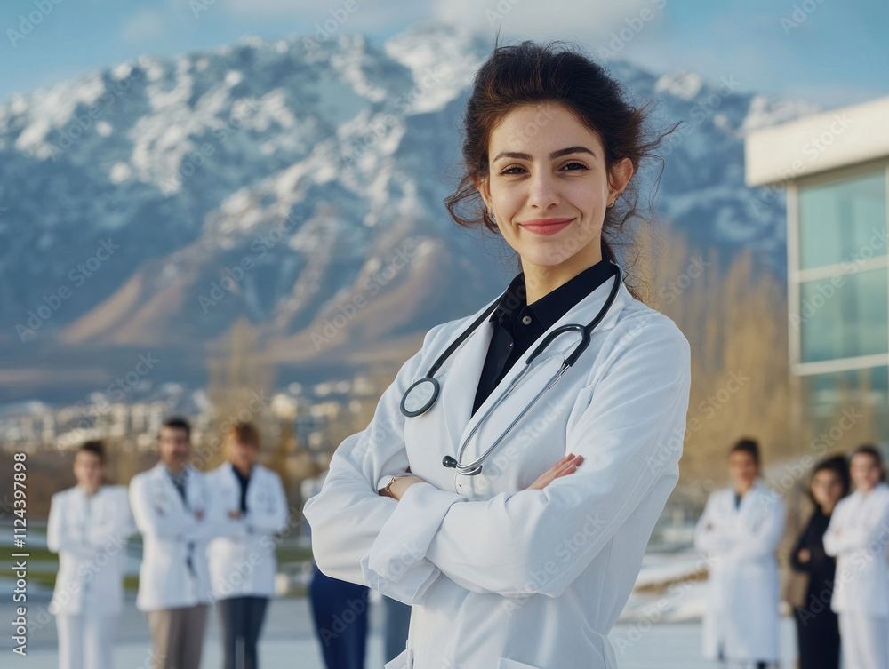 Confident doctor with arms crossed, mountain view.
