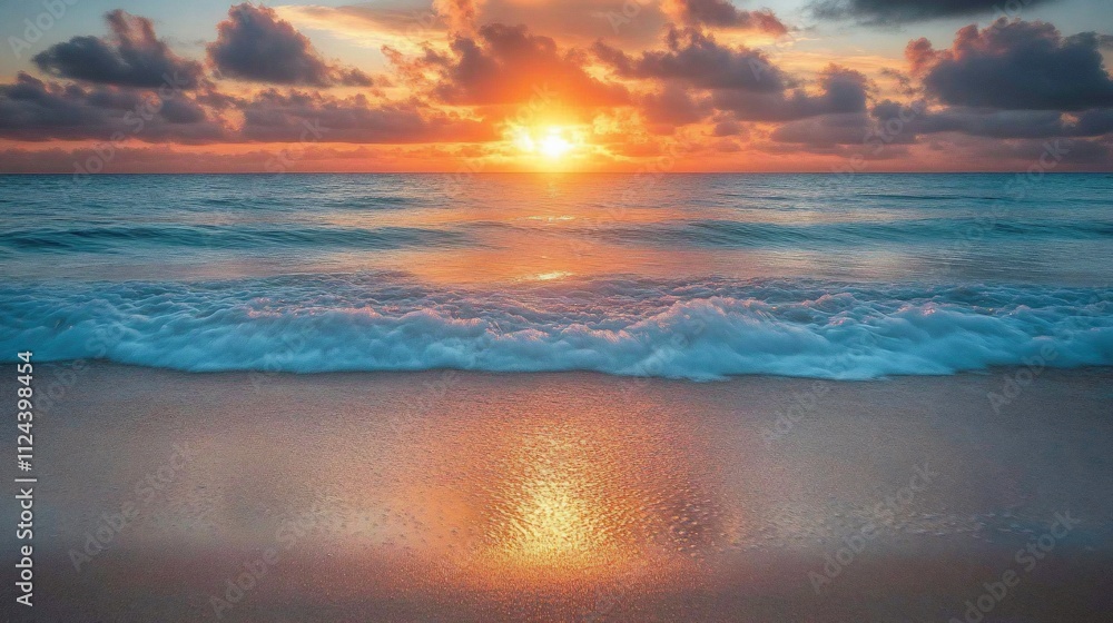 Vibrant sunrise over calm ocean waves gently lapping sandy beach. Vibrant sunrise over calm ocean waves gently lapping sandy beach.