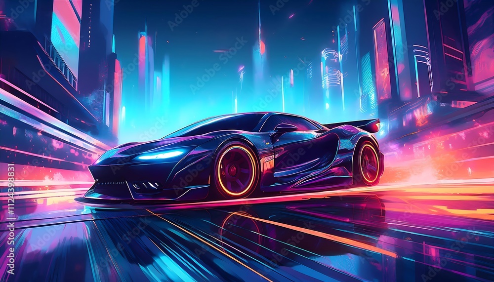 Futuristic car in a neon cityscape. Futuristic car in a neon cityscape.