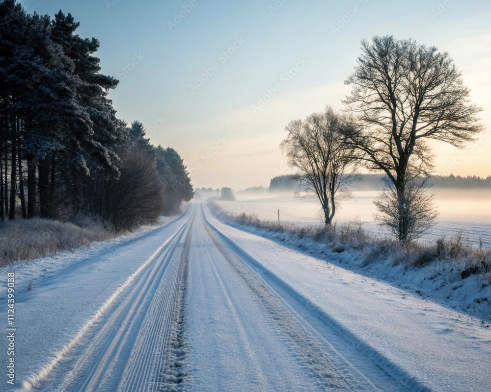 Snowy winter road winds through a tranquil, snow-covered forest under a clear sky Snowy winter road winds through a tranquil, snow-covered forest under a clear sky