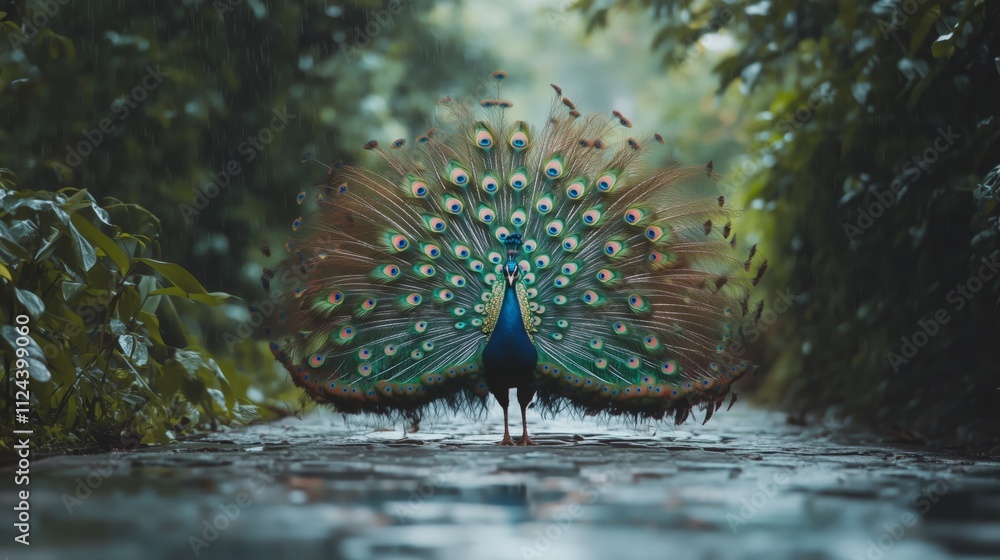 Obraz premium a peacock standing in the rain, its feathers fully fanned out.