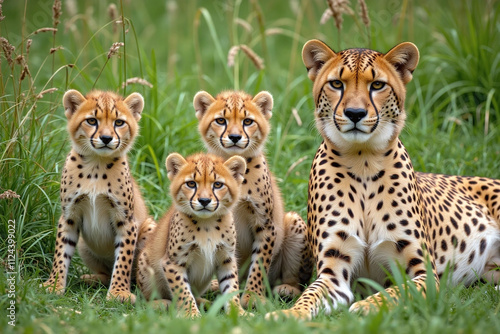 Family of cheetahs lush green savannah cubs adult coats spots