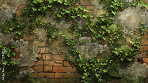 An ancient brick wall with moss and ivy creeping through the cracks, emphasizing the textures and weathered look.