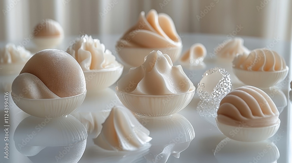 Elegant soap sculptures on reflective surface with soft lighting Elegant soap sculptures on reflective surface with soft lighting
