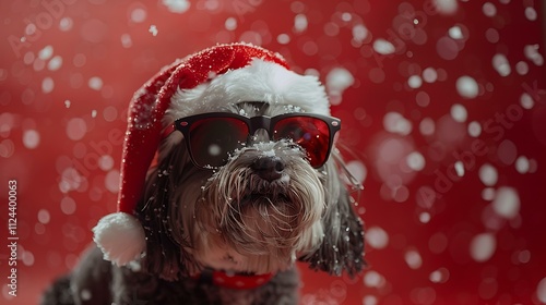 A playful dog dressed as Santa Claus, complete with sunglasses and a cheerful red hat, posing with a red background featuring faint snow flurries photo