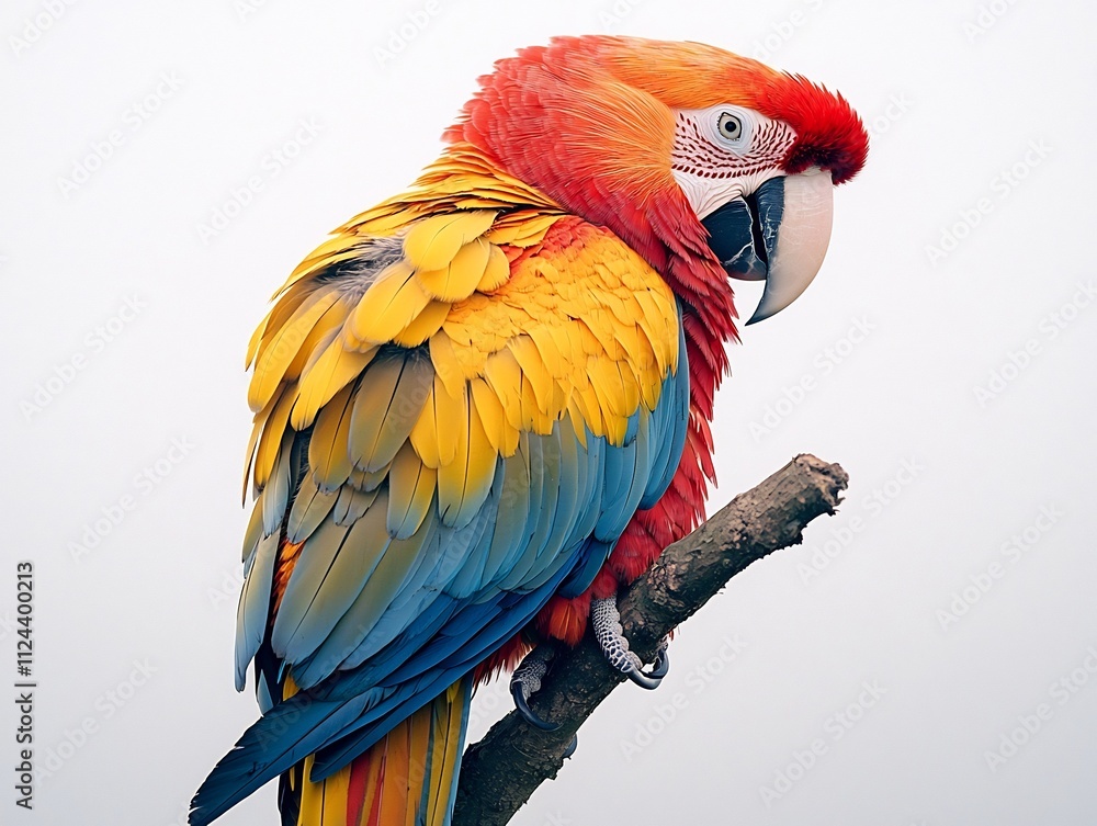 Fototapeta premium Colorful Overweight Parrot Perched on Branch Charming Bird Gazing on White Background