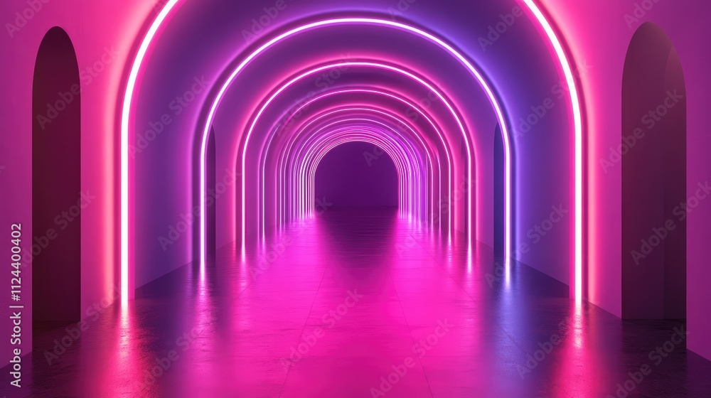 Neon Lighted Archway in Empty Tunnel with Vibrant Colorful Glow Neon Lighted Archway in Empty Tunnel with Vibrant Colorful Glow