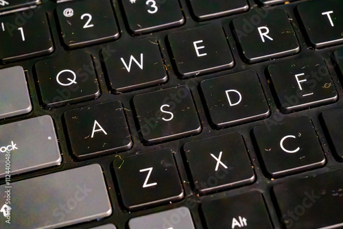 This series of close-up images reveals the grime and wear on a well-used computer keyboard, highlighting the often-overlooked details of everyday objects.