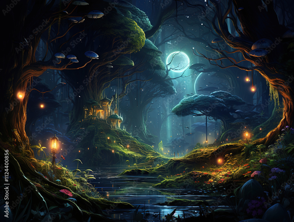 Fototapeta premium Outstanding fantasy forest in moonlight, style Halloween