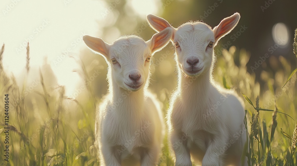Two little baby goats in summer. Farm animals. Two little baby goats in summer. Farm animals.