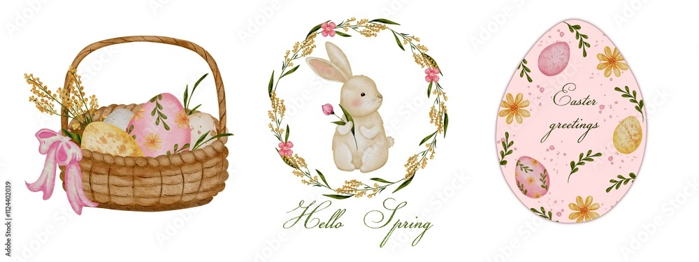 Hand-Painted Easter Elements: Rabbit, Basket, Cupcake, Eggs, Flowers, and Egg-Shaped Greeting Hand-Painted Easter Elements: Rabbit, Basket, Cupcake, Eggs, Flowers, and Egg-Shaped Greeting