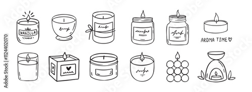 Candle doodle hand drawn icon set. Different shapes of wax candles, cubes, cylinders, balls. Burning candles