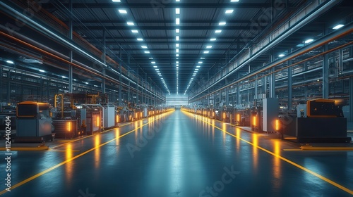 A serene warehouse where workers guide automated systems with glowing control panels, soft ambient light