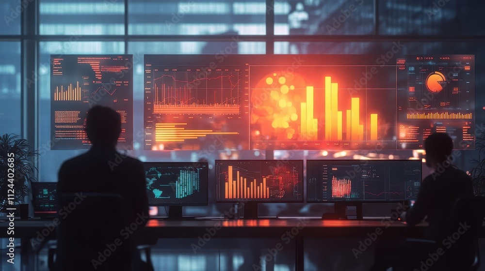 A serene workspace where efficiency graphs glow on screens, surrounded by busy workers, cinematic depth of field A serene workspace where efficiency graphs glow on screens, surrounded by busy workers, cinematic depth of field