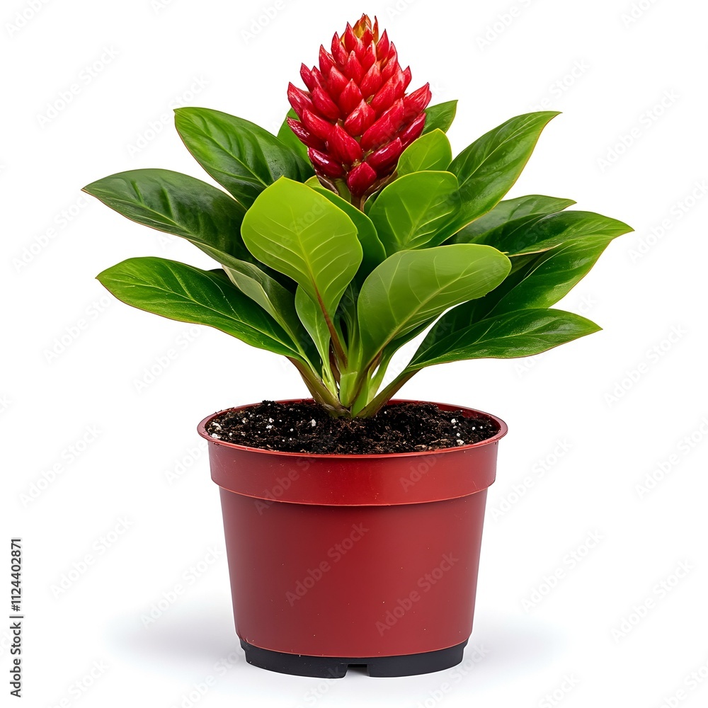 Obraz premium Red Ginger Plant in Pot: A vibrant red ginger plant blooms beautifully in a terracotta pot, showcasing its striking red flower and lush green foliage. This image is perfect for home decor, gardening.