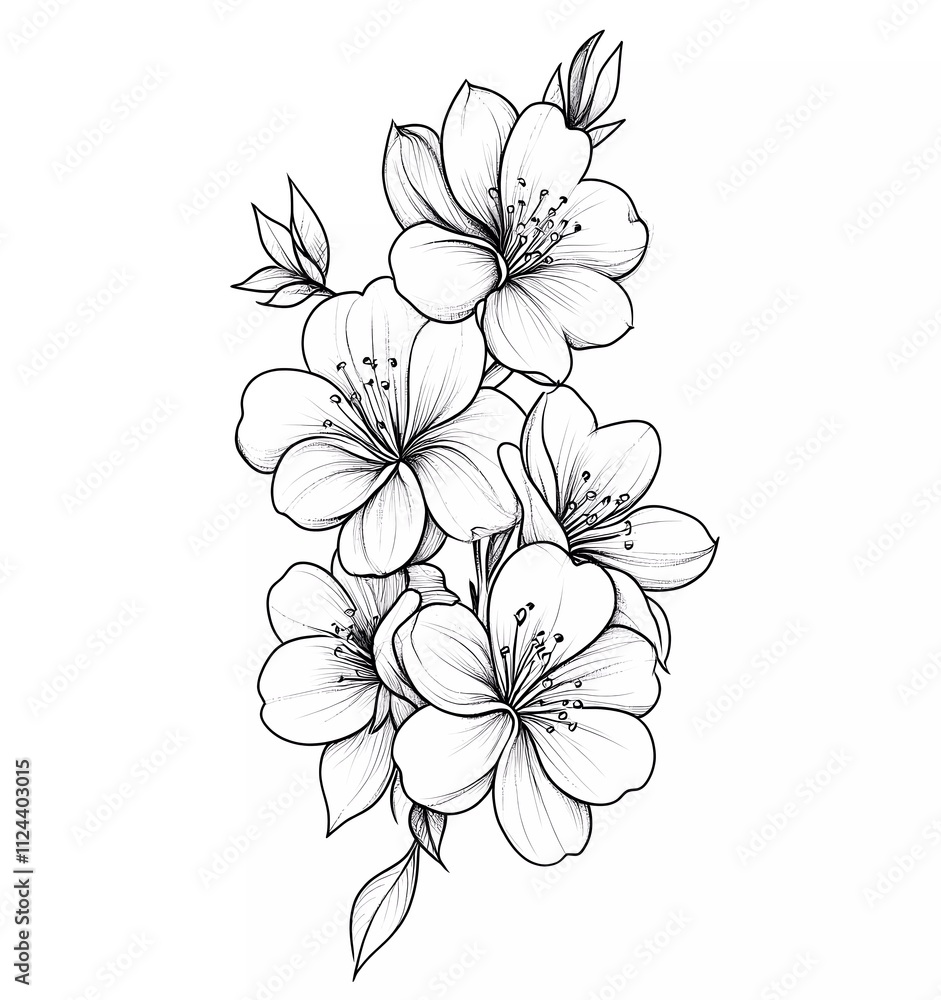 Cherry blossom tattoo design, simple line art drawing, vector illustration, white background. Cherry blossom tattoo design, simple line art drawing, vector illustration, white background.