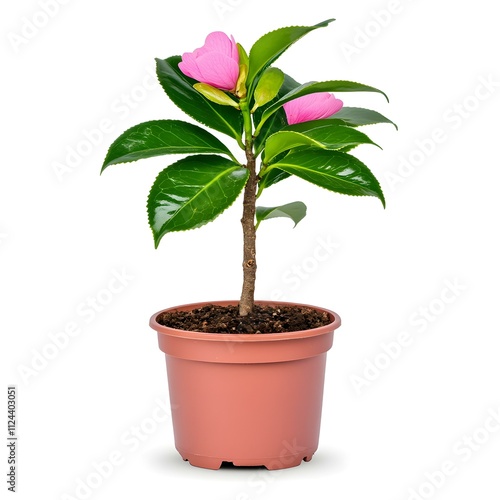 Pink Camellia in Pot: A delicate pink camellia blooms gracefully in a terracotta pot, symbolizing beauty, resilience, and the promise of spring.