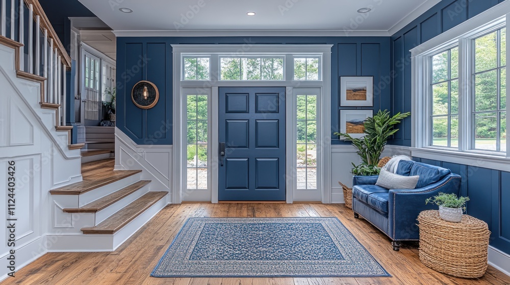 custom made wallpaper toronto digitalInviting entryway with navy blue walls, white trim, wooden stairs, and a comfortable seating area.