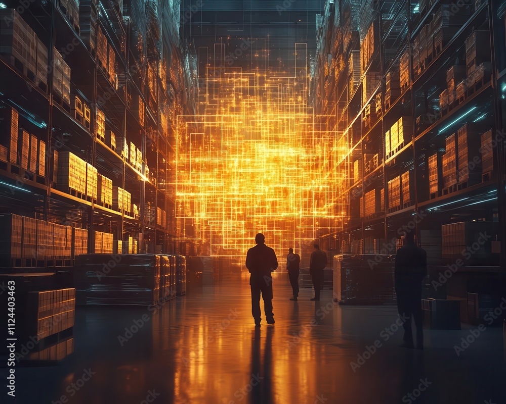 A symbolic glowing layout plan hovering above workers in a busy warehouse, shelves towering in the background, cinematic shadows A symbolic glowing layout plan hovering above workers in a busy warehouse, shelves towering in the background, cinematic shadows