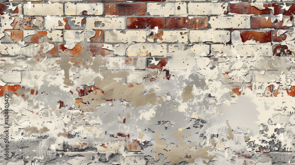 An old, rustic brick wall with faded paint and chipped bricks, highlighting the textures and wear. An old, rustic brick wall with faded paint and chipped bricks, highlighting the textures and wear.