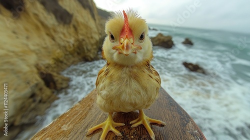 Skateboarding action chicken. In the middle of a kickflip over a landing photo