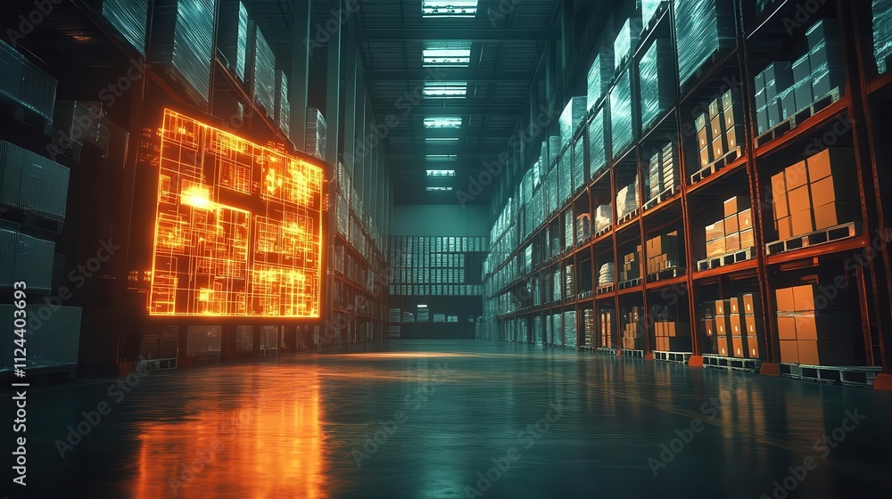 A symbolic glowing map of packaging zones displayed in a bustling warehouse, cinematic shadows A symbolic glowing map of packaging zones displayed in a bustling warehouse, cinematic shadows
