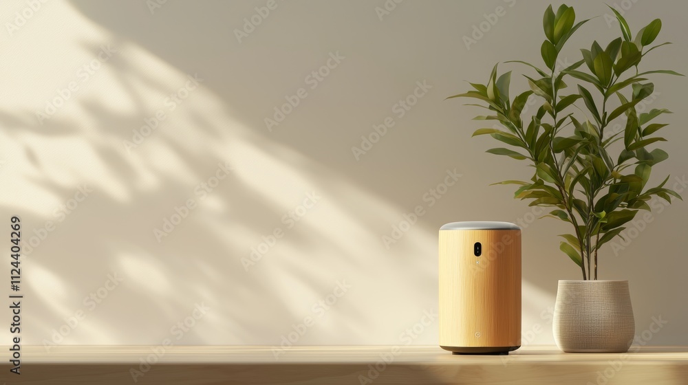 Modern home technology showcase smart air purifier and indoor plant in minimalist living space natural light wellness concept Modern home technology showcase smart air purifier and indoor plant in minimalist living space natural light wellness concept