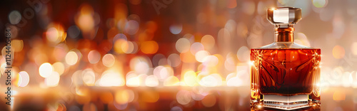 Decanter of Amber Liquid: A crystal decanter filled with rich amber liquid sits against a warm, bokeh background of warm-toned lights, creating a sophisticated and inviting atmosphere.   photo