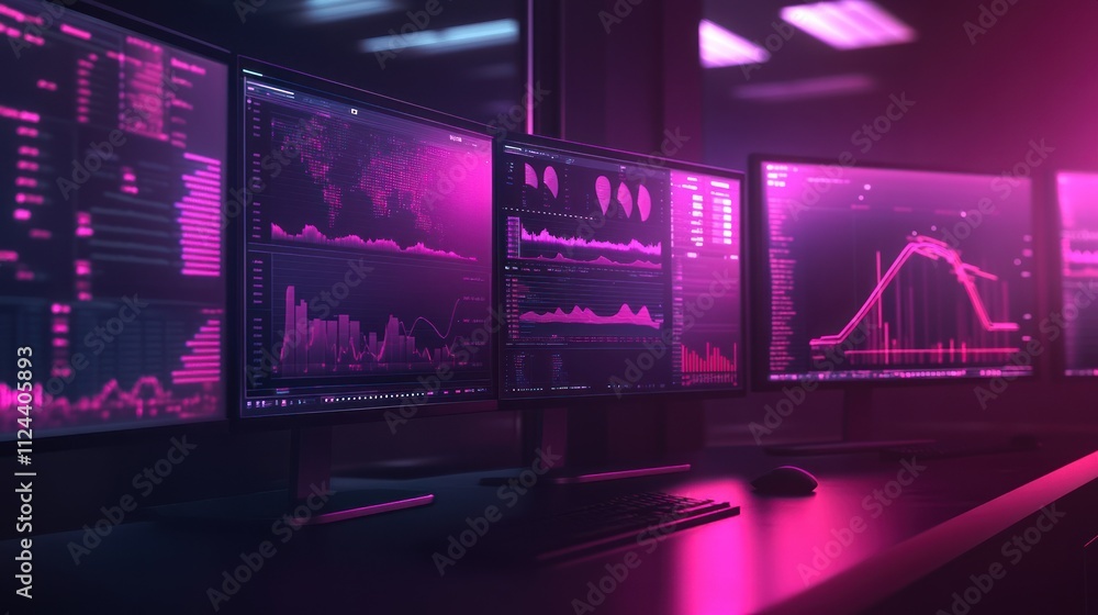 Pink-lit monitors displaying financial data, graphs, and charts Pink-lit monitors displaying financial data, graphs, and charts