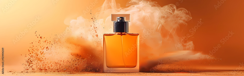 Aromatic Essence: A captivating close-up of a luxurious amber perfume bottle, surrounded by a swirling cloud of white smoke, evoking an aura of mystery and elegance. Aromatic Essence: A captivating close-up of a luxurious amber perfume bottle, surrounded by a swirling cloud of white smoke, evoking an aura of mystery and elegance.