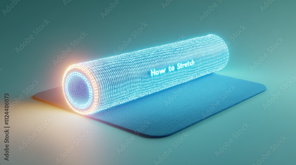 Glowing digital foam roller on mat; how to stretch guide. Glowing digital foam roller on mat; how to stretch guide.