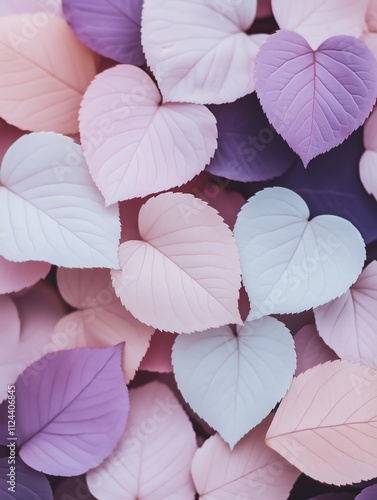 heart shaped pink leaves on the floor, valentines background in different shapes of pink, vertical photo