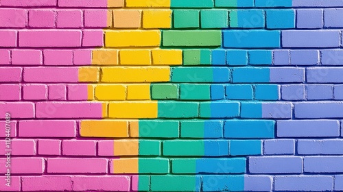 Rainbow Brick Wall: Vibrant and cheerful, this image showcases a brick wall painted in a spectrum of rainbow colors. Perfect for projects needing a fun, playful, and inclusive vibe.  photo