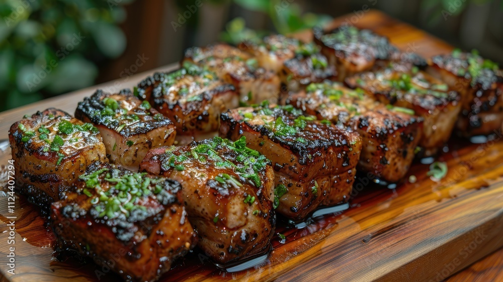 Grilled pork belly cubes arranged on a wooden board, garnished with herbs. Grilled pork belly cubes arranged on a wooden board, garnished with herbs.