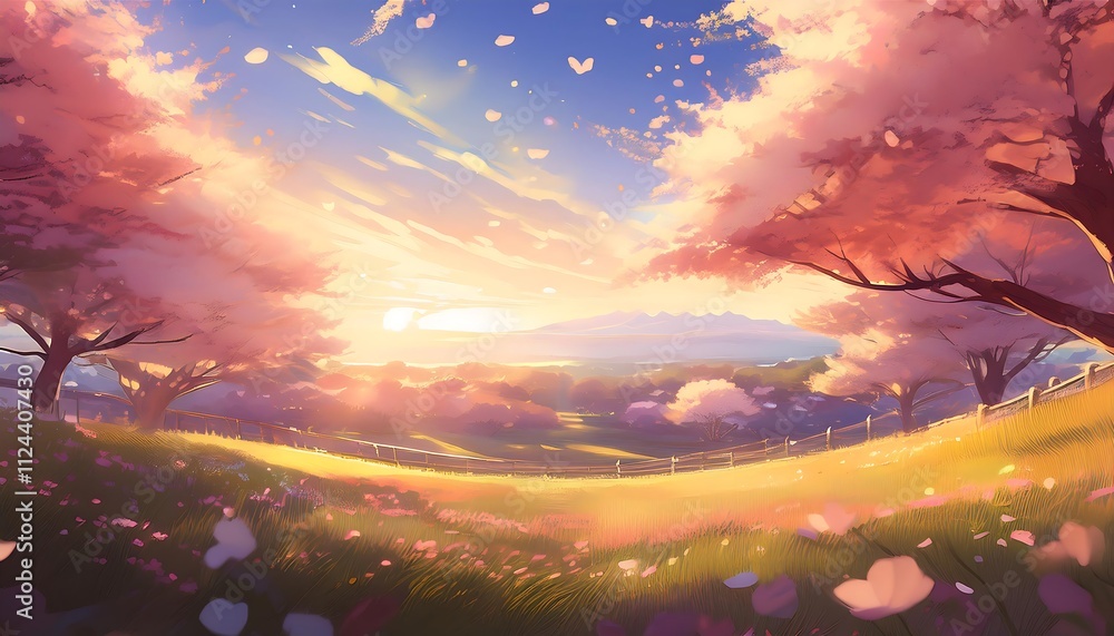 Serene sunset over a blooming landscape. Serene sunset over a blooming landscape.