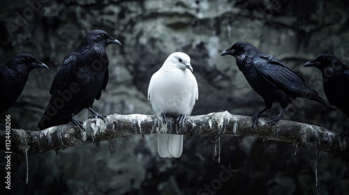 A white dove sitting on a branch surrounded by three black crows. photo