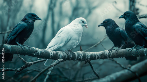 A white dove sitting on a branch surrounded by black crows. photo