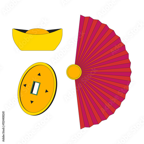 Chinese New Year symbols of prosperity 2D cartoon objects set. Sycee yuanbao, feng shui coin, asian fan isolated elements flat vector cliparts on white background. Spot illustrations collection