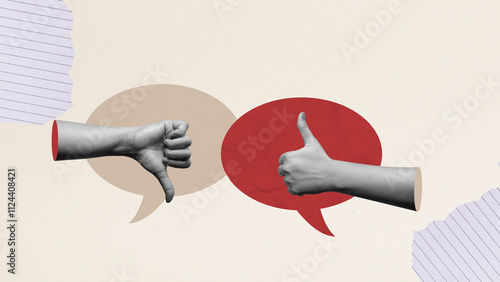 Foto Closeup view of human hands with thumb up and down gestures on a colored backgro