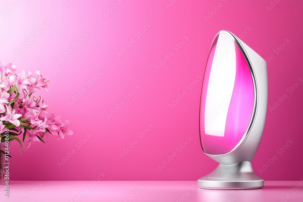 Elegant Modern Lamp with Pink Glow and Fresh Flowers on Vibrant Pink Background Elegant Modern Lamp with Pink Glow and Fresh Flowers on Vibrant Pink Background