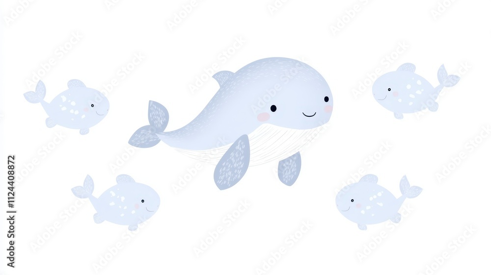 Cute Whale and Fish Illustration Nursery Ocean Animal Print Cute Whale and Fish Illustration Nursery Ocean Animal Print
