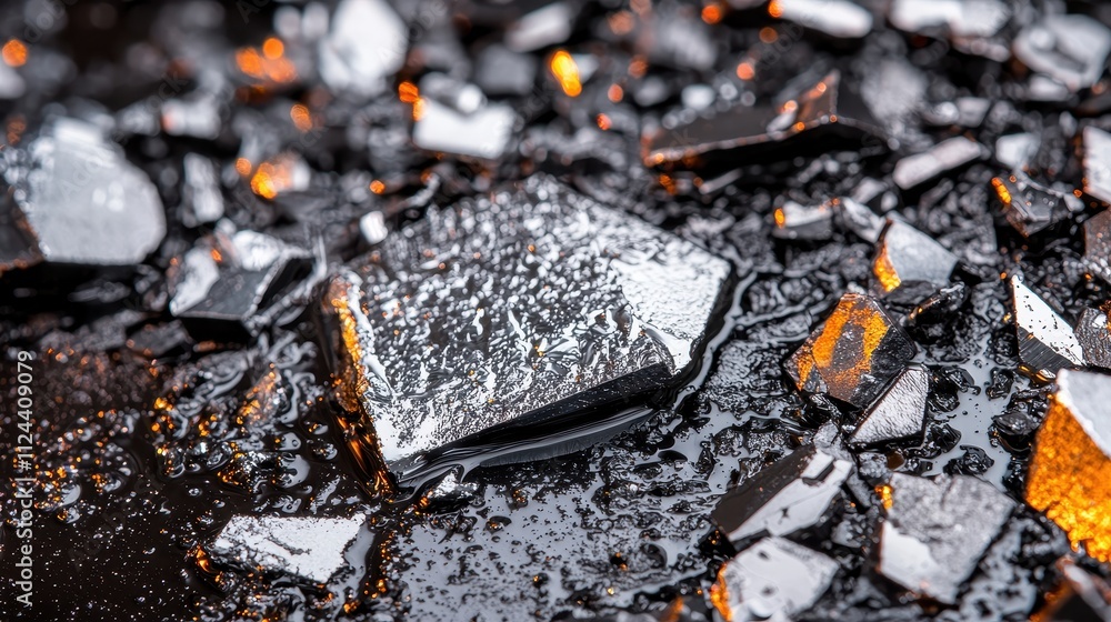 Glimmering Black Mineral Shards on Dark Surface with Reflections Glimmering Black Mineral Shards on Dark Surface with Reflections