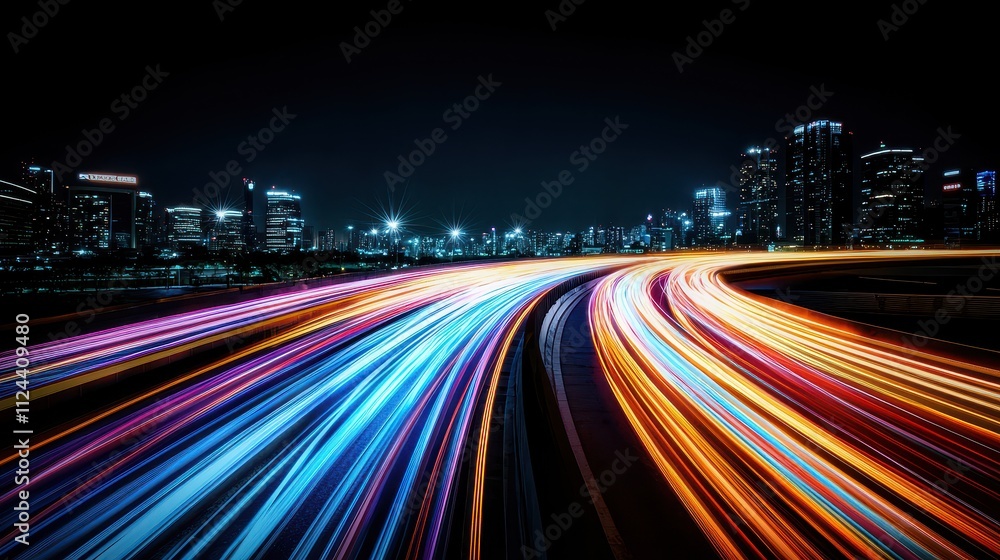 Fototapeta premium Nighttime Urban Landscape with Light Trails from Moving Vehicles