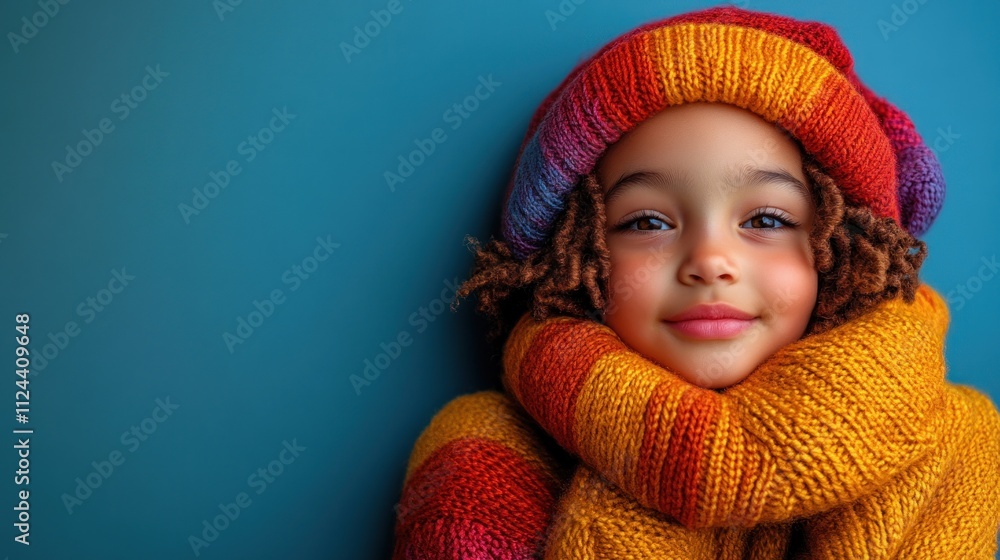 A young child smiles warmly, bundled in a colorful knit hat and scarf. A young child smiles warmly, bundled in a colorful knit hat and scarf.