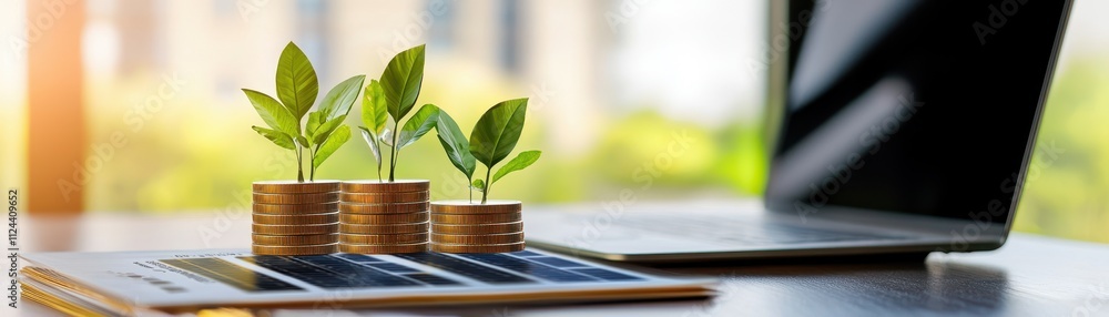 Green Plants Growing from Stacked Coins on Table with Laptop Display Green Plants Growing from Stacked Coins on Table with Laptop Display