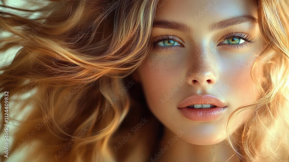 beautiful woman with flawless skin and flowing hair in soft lighting close-up portrait beautiful woman with flawless skin and flowing hair in soft lighting close-up portrait