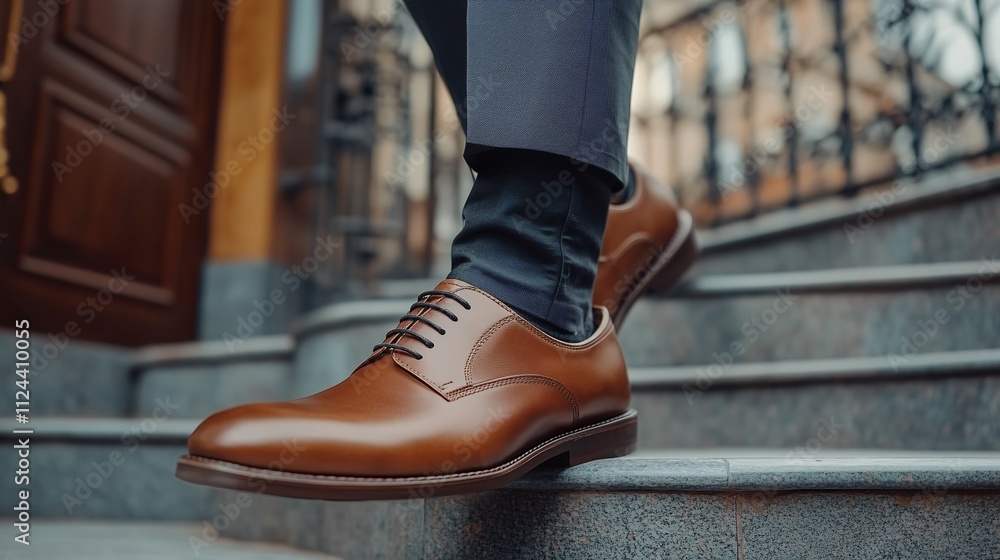 Close-up shot of a businessman leather shoes as he confidently strides forward, symbolizing ambition and success Close-up shot of a businessman leather shoes as he confidently strides forward, symbolizing ambition and success