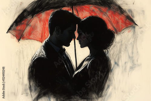 A romantic charcoal drawing of a couple embracing under an umbrella in the rain. 